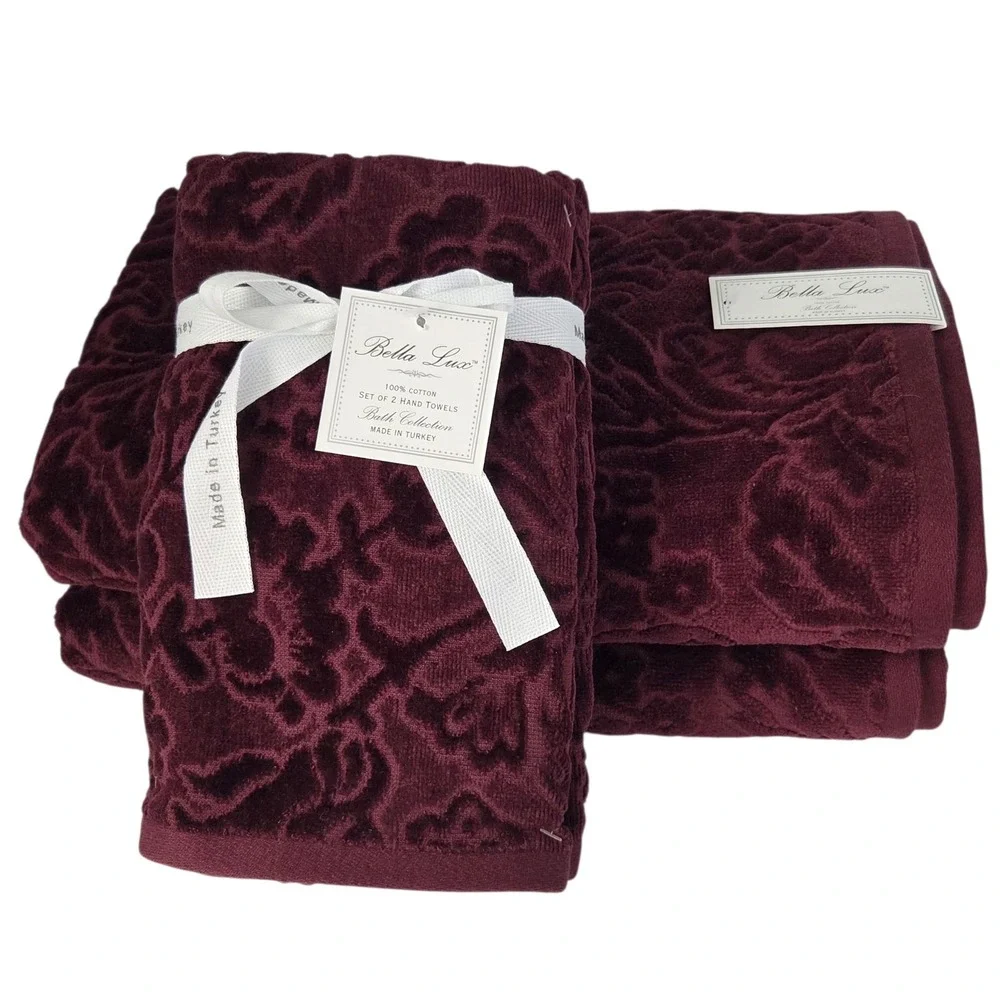 Bella Lux 4pc Turkish Cotton Velour Towel Set Merlot Floral Embossed 2Bath 2Hand
